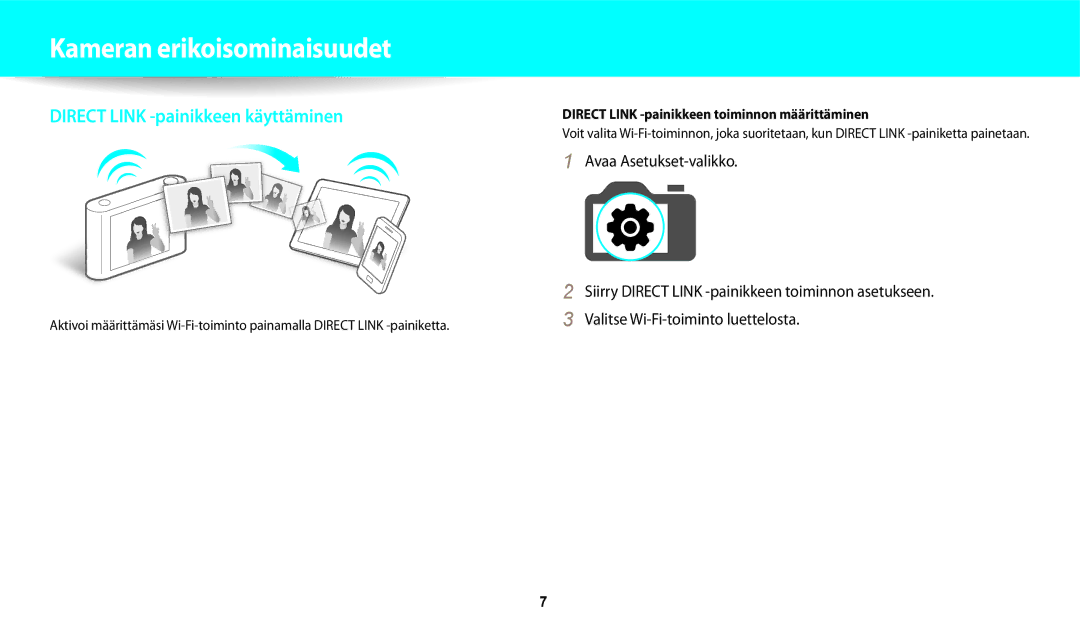 Samsung EC-DV150FBPBE2, EC-DV150FBPPE2 manual Kameran erikoisominaisuudet, Direct Link -painikkeen toiminnon määrittäminen 