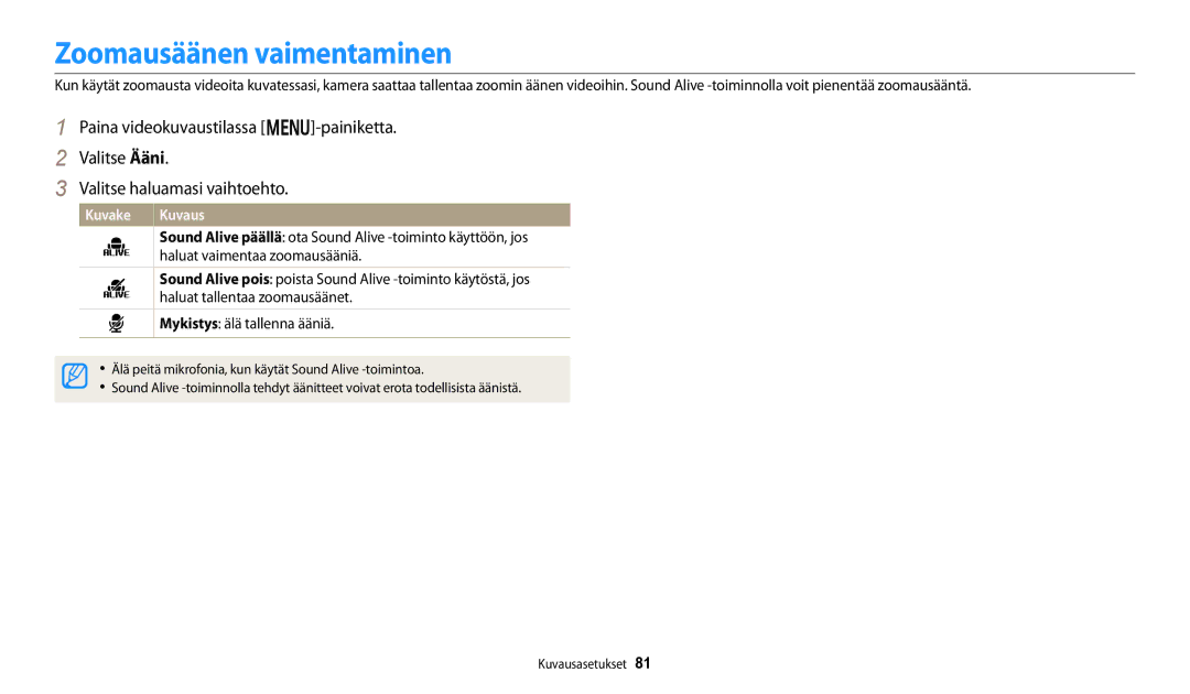 Samsung EC-DV150FBPWE2 manual Zoomausäänen vaimentaminen, Haluat vaimentaa zoomausääniä, Haluat tallentaa zoomausäänet 