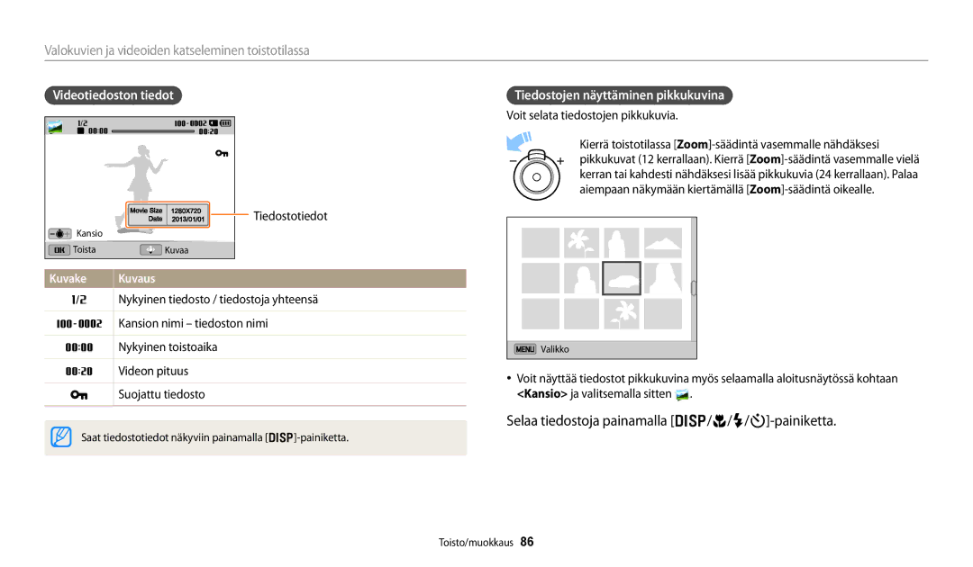 Samsung EC-DV150FBPPE2, EC-DV150FBPWE2 manual Selaa tiedostoja painamalla D/c/F/t-painiketta, Videotiedoston tiedot 