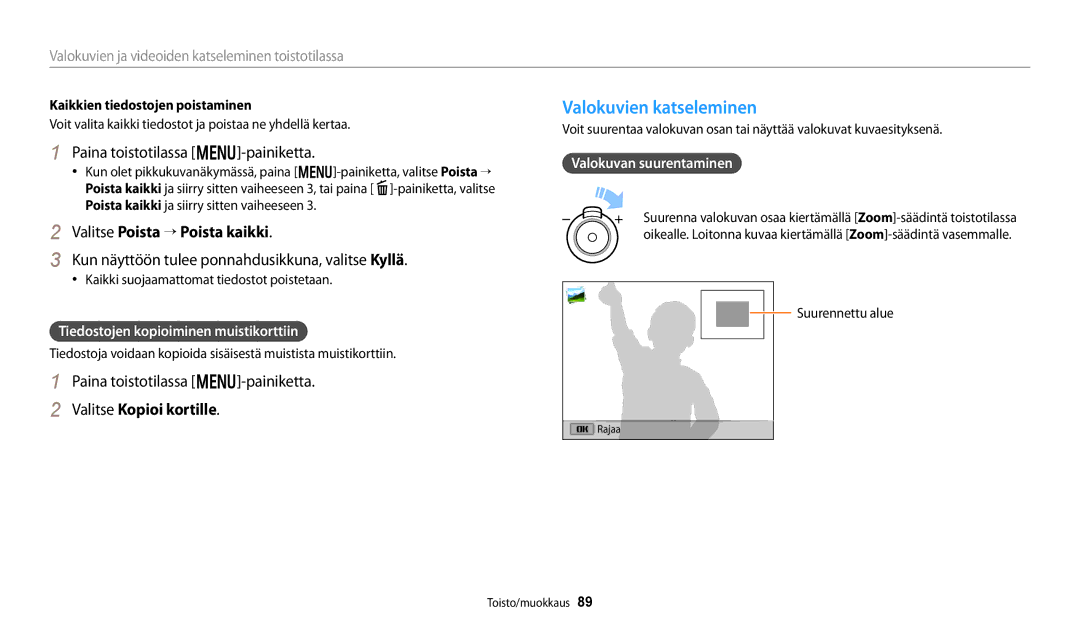 Samsung EC-DV150FBPPE2 manual Valokuvien katseleminen, Paina toistotilassa m-painiketta, Valitse Poista → Poista kaikki 