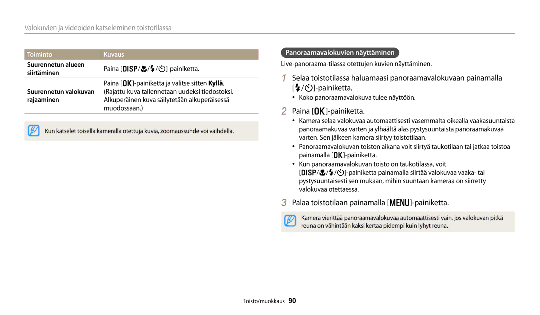 Samsung EC-DV150FBPWE2 manual Palaa toistotilaan painamalla m-painiketta, Panoraamavalokuvien näyttäminen, Toiminto Kuvaus 