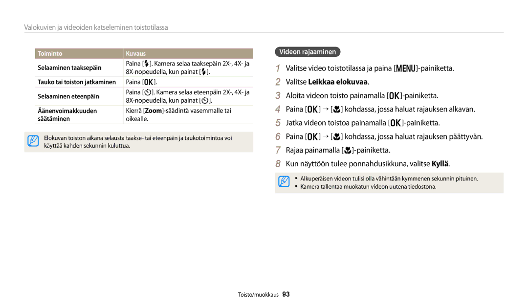 Samsung EC-DV150FBPWE2 Valitse video toistotilassa ja paina m-painiketta, Valitse Leikkaa elokuvaa, Videon rajaaminen 