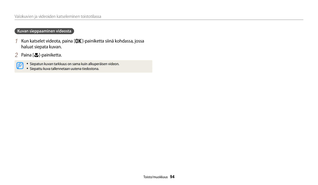 Samsung EC-DV150FBPBE2, EC-DV150FBPPE2, EC-DV150FBPWE2 manual Kuvan sieppaaminen videosta 
