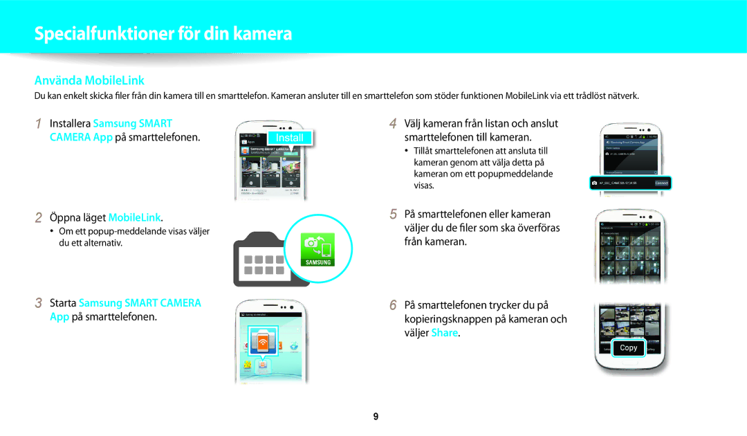 Samsung EC-DV150FBPWE2, EC-DV150FBPPE2 manual Öppna läget MobileLink, Om ett popup-meddelande visas väljer du ett alternativ 