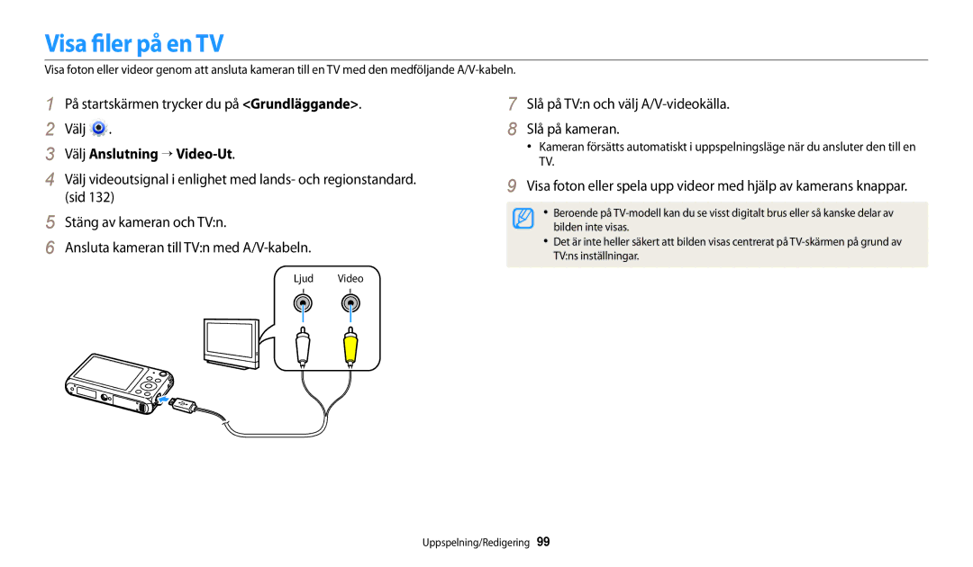 Samsung EC-DV150FBPWE2 Visa filer på en TV, På startskärmen trycker du på Grundläggande. Välj, Välj Anslutning → Video-Ut 