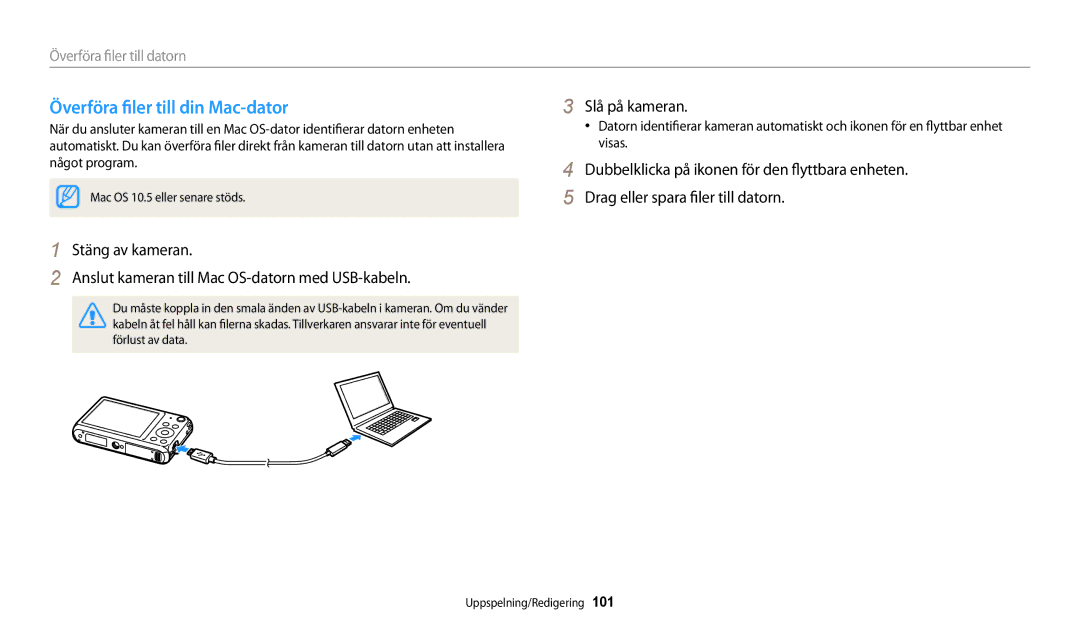 Samsung EC-DV150FBPPE2, EC-DV150FBPWE2, EC-DV150FBPBE2 manual Överföra filer till din Mac-dator 