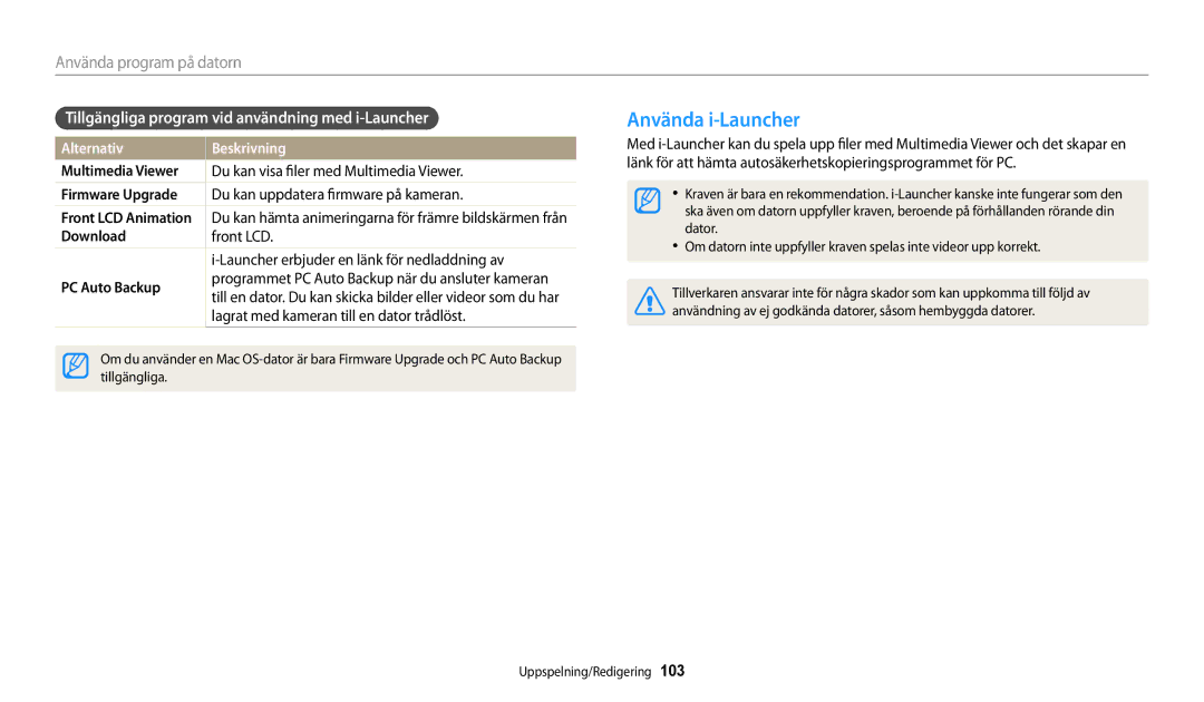 Samsung EC-DV150FBPBE2, EC-DV150FBPPE2 manual Använda i-Launcher, Tillgängliga program vid användning med i-Launcher 