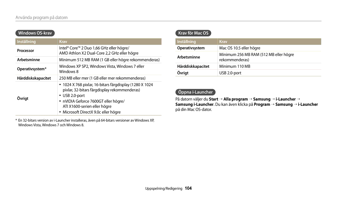 Samsung EC-DV150FBPPE2, EC-DV150FBPWE2, EC-DV150FBPBE2 Windows OS-krav, Krav för Mac OS, Öppna i-Launcher, Inställning Krav 