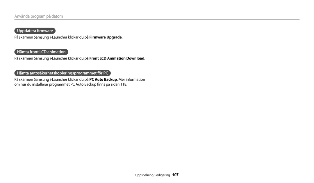 Samsung EC-DV150FBPPE2 manual Uppdatera firmware, Hämta front LCD animation, Hämta autosäkerhetskopieringsprogrammet för PC 