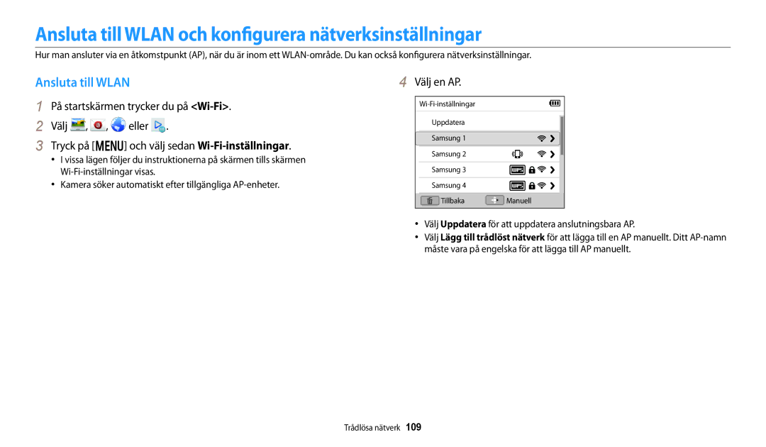 Samsung EC-DV150FBPBE2, EC-DV150FBPPE2, EC-DV150FBPWE2 Ansluta till Wlan och konfigurera nätverksinställningar, Välj en AP 