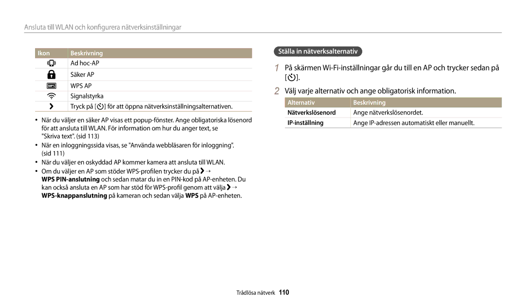 Samsung EC-DV150FBPPE2, EC-DV150FBPWE2, EC-DV150FBPBE2 manual Ställa in nätverksalternativ, Nätverkslösenord, IP-inställning 