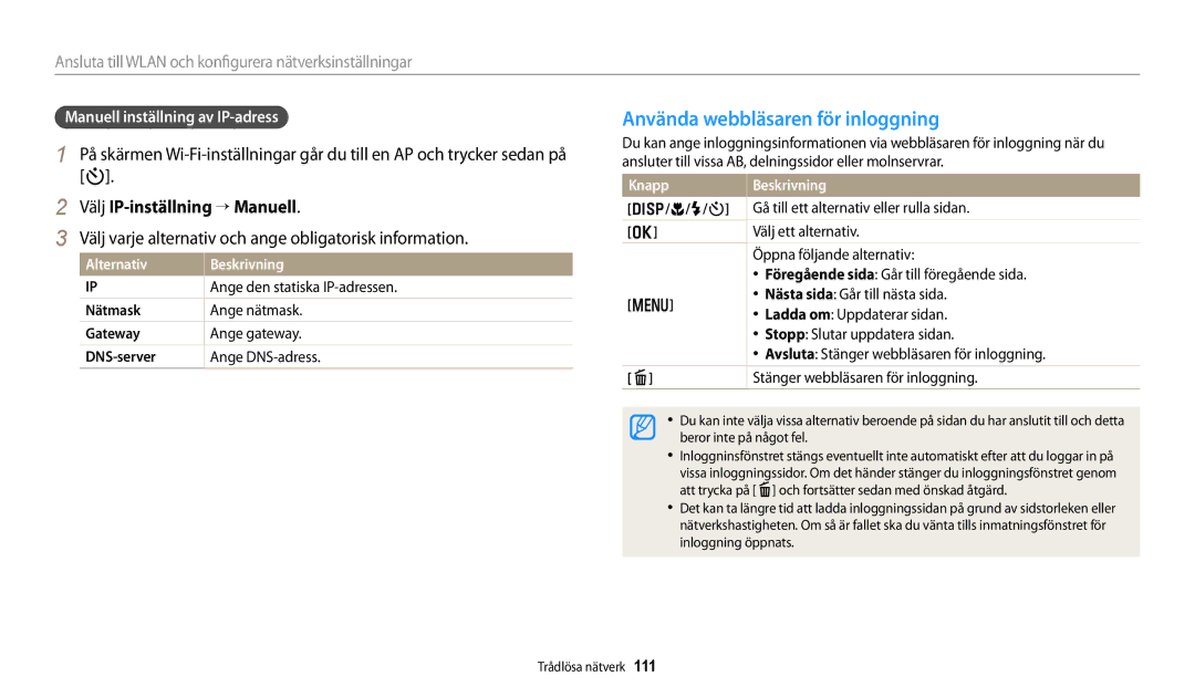 Samsung EC-DV150FBPWE2 Använda webbläsaren för inloggning, Välj IP-inställning → Manuell, Manuell inställning av IP-adress 