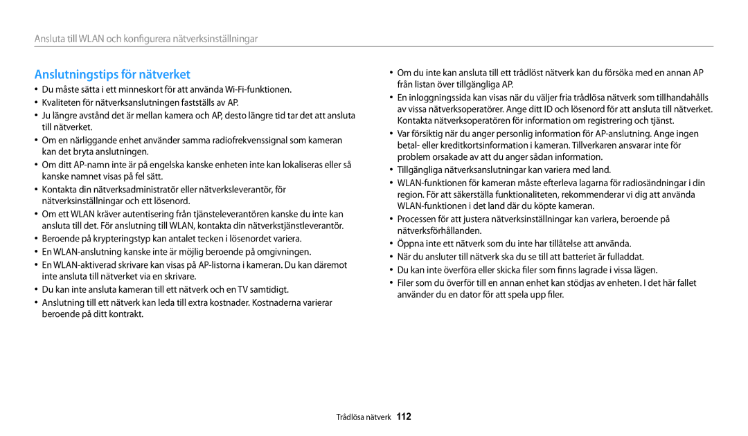 Samsung EC-DV150FBPBE2 manual Anslutningstips för nätverket, Tillgängliga nätverksanslutningar kan variera med land 