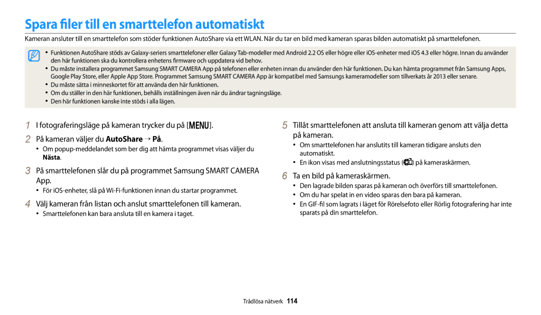 Samsung EC-DV150FBPWE2, EC-DV150FBPPE2 manual Spara filer till en smarttelefon automatiskt, Ta en bild på kameraskärmen 