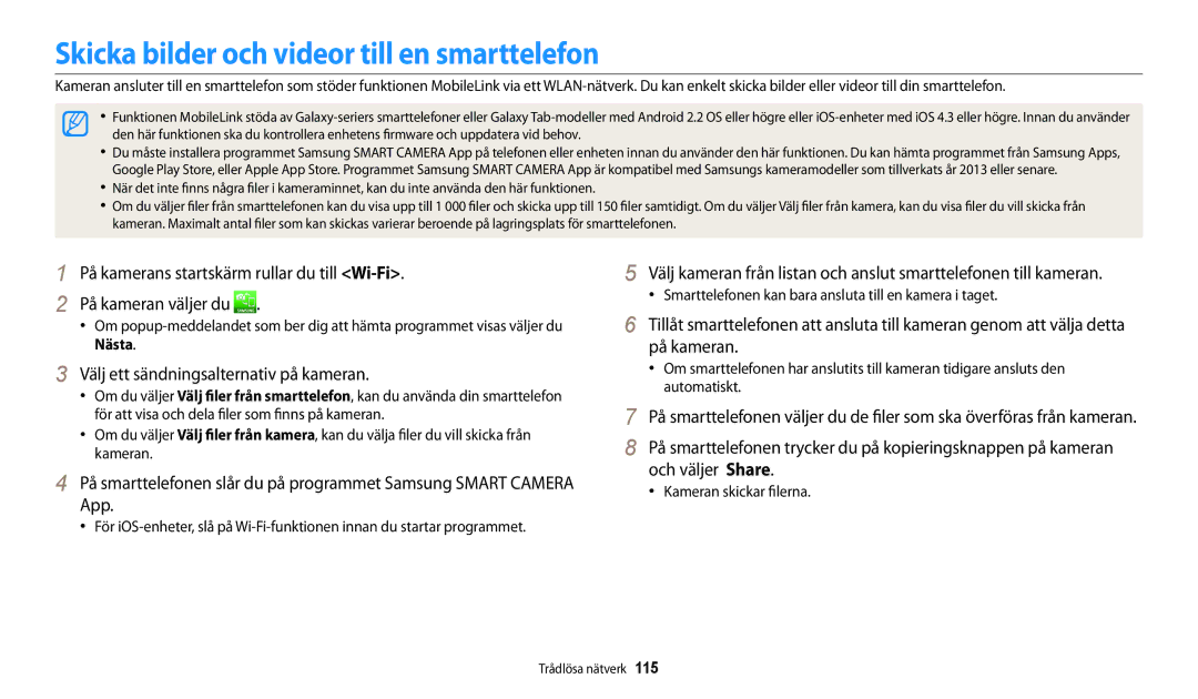 Samsung EC-DV150FBPBE2 manual Skicka bilder och videor till en smarttelefon, Välj ett sändningsalternativ på kameran 