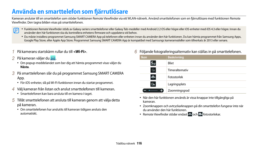 Samsung EC-DV150FBPPE2 manual Använda en smarttelefon som fjärrutlösare, Timeralternativ, Fotostorlek, Lagringsplats 