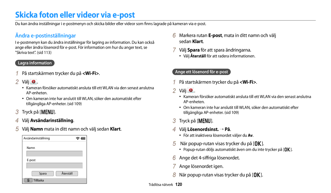 Samsung EC-DV150FBPWE2 manual Skicka foton eller videor via e-post, Ändra e-postinställningar, Välj Avsändarinställning 