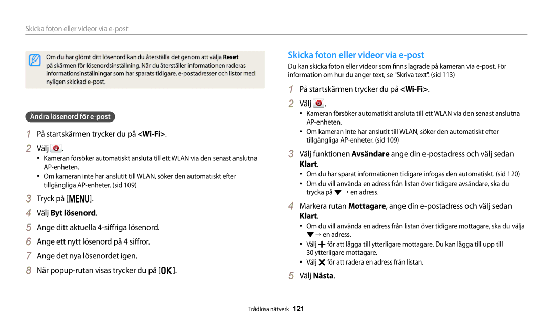 Samsung EC-DV150FBPBE2 Skicka foton eller videor via e-post, Välj Byt lösenord, Välj Nästa, Ändra lösenord för e-post 