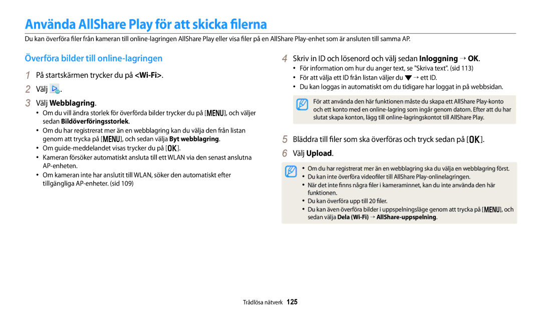 Samsung EC-DV150FBPPE2, EC-DV150FBPWE2 Använda AllShare Play för att skicka filerna, Överföra bilder till online-lagringen 