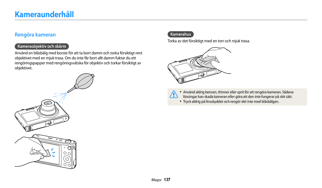 Samsung EC-DV150FBPPE2, EC-DV150FBPWE2 manual Kameraunderhåll, Rengöra kameran, Kameraobjektiv och skärm, Kamerahus 