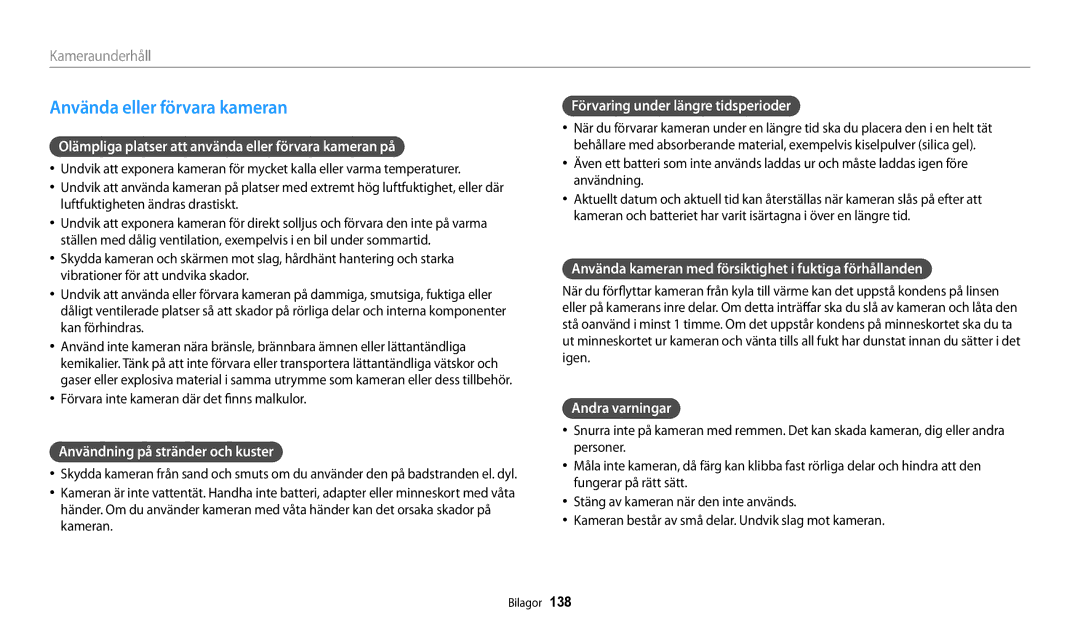 Samsung EC-DV150FBPWE2, EC-DV150FBPPE2, EC-DV150FBPBE2 manual Använda eller förvara kameran 