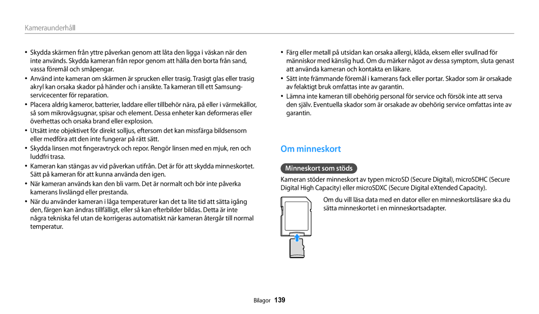 Samsung EC-DV150FBPBE2, EC-DV150FBPPE2, EC-DV150FBPWE2 manual Om minneskort, Minneskort som stöds 