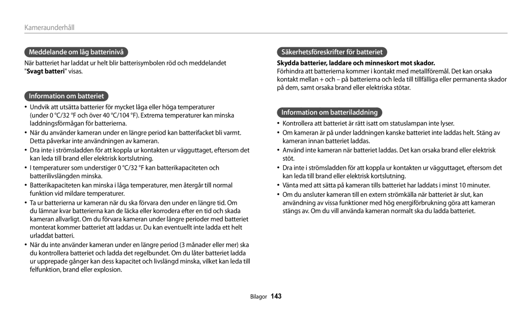 Samsung EC-DV150FBPPE2 manual Meddelande om låg batterinivå, Information om batteriet, Säkerhetsföreskrifter för batteriet 