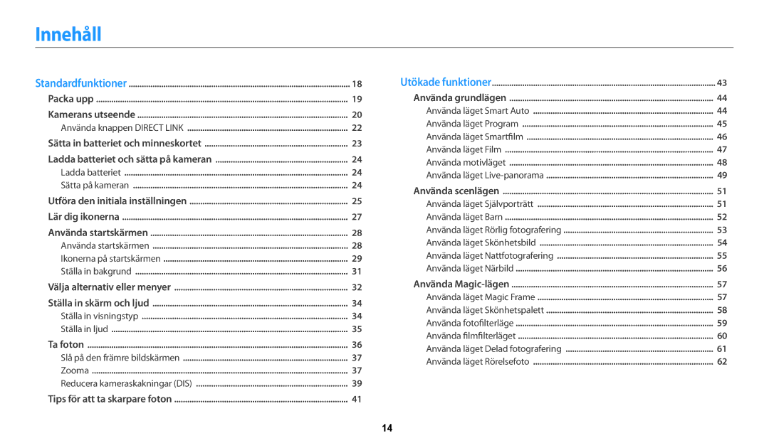 Samsung EC-DV150FBPPE2, EC-DV150FBPWE2, EC-DV150FBPBE2 manual Innehåll, Använda startskärmen Ikonerna på startskärmen 