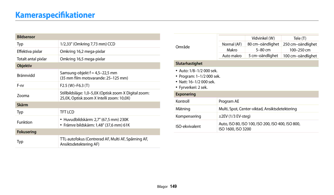 Samsung EC-DV150FBPPE2, EC-DV150FBPWE2, EC-DV150FBPBE2 manual Kameraspecifikationer 