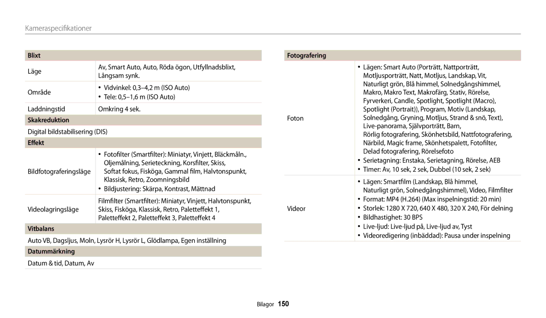 Samsung EC-DV150FBPWE2, EC-DV150FBPPE2, EC-DV150FBPBE2 manual Skakreduktion, Datummärkning 