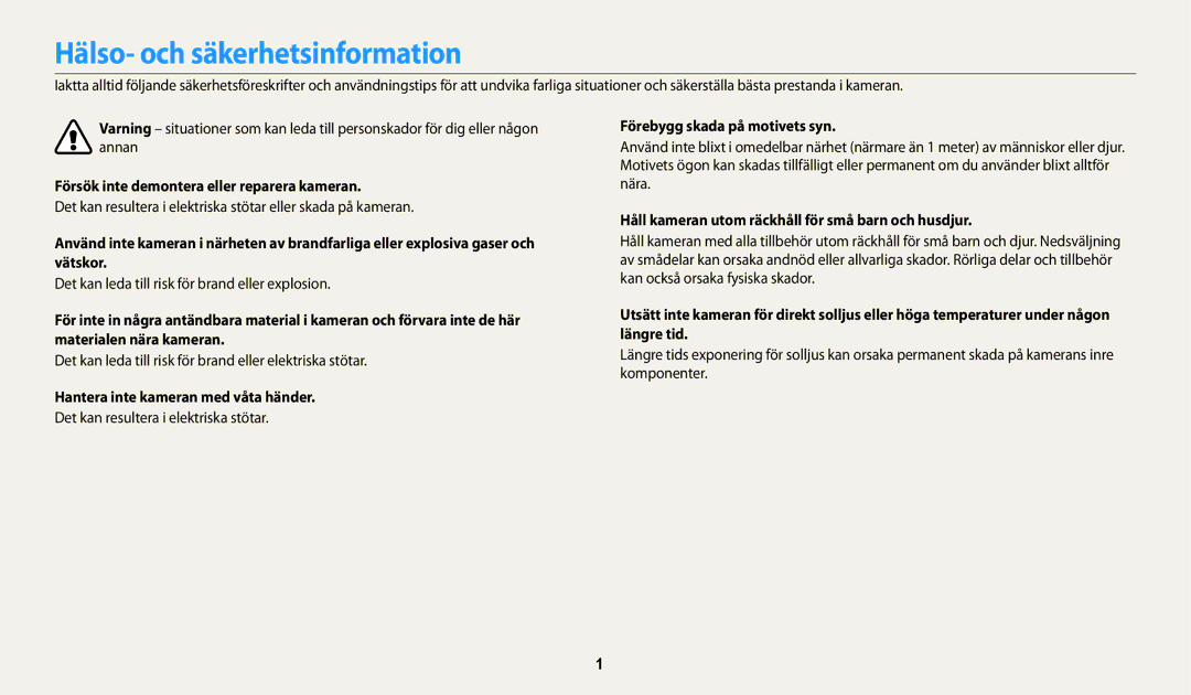 Samsung EC-DV150FBPBE2, EC-DV150FBPPE2 manual Hälso- och säkerhetsinformation, Försök inte demontera eller reparera kameran 