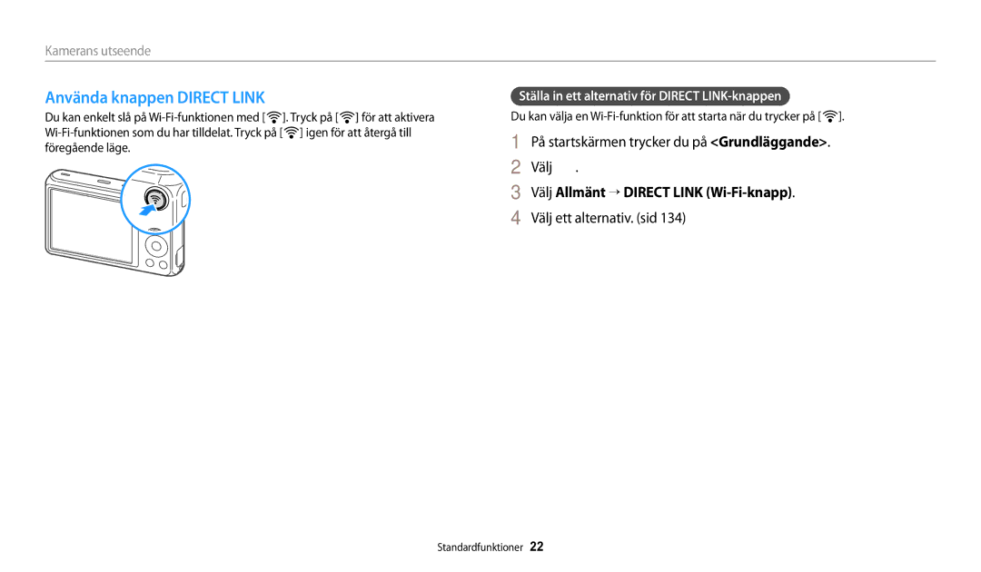 Samsung EC-DV150FBPBE2, EC-DV150FBPPE2 manual Använda knappen Direct Link, På startskärmen trycker du på Grundläggande Välj 