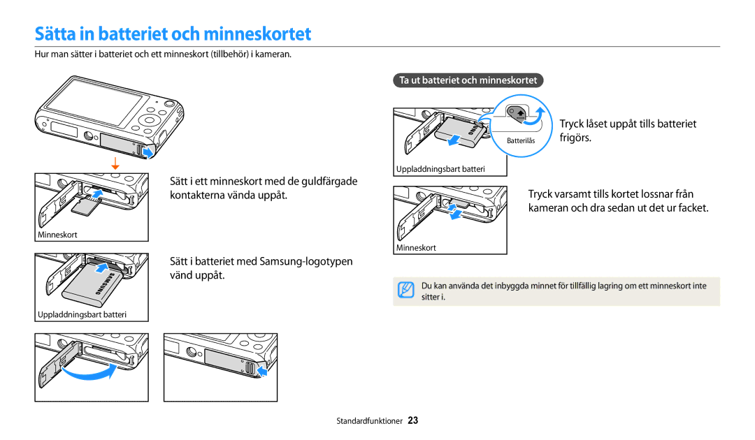 Samsung EC-DV150FBPPE2, EC-DV150FBPWE2 manual Sätta in batteriet och minneskortet, Tryck låset uppåt tills batteriet frigörs 