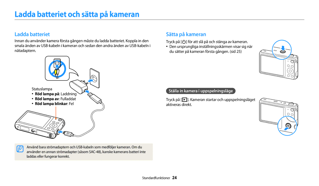 Samsung EC-DV150FBPWE2 manual Ladda batteriet och sätta på kameran, Sätta på kameran, Ställa in kamera i uppspelningsläge 