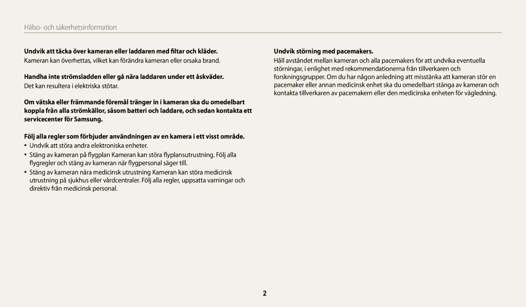 Samsung EC-DV150FBPPE2, EC-DV150FBPWE2 manual Undvik att störa andra elektroniska enheter, Undvik störning med pacemakers 