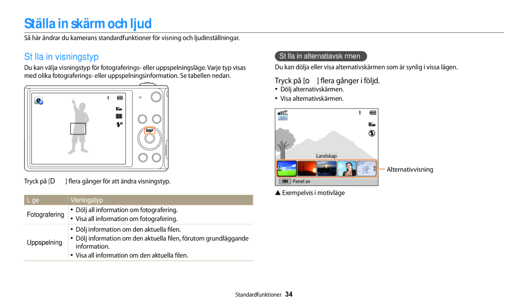 Samsung EC-DV150FBPBE2 manual Ställa in skärm och ljud, Ställa in visningstyp, Tryck på o flera gånger i följd, Läge 