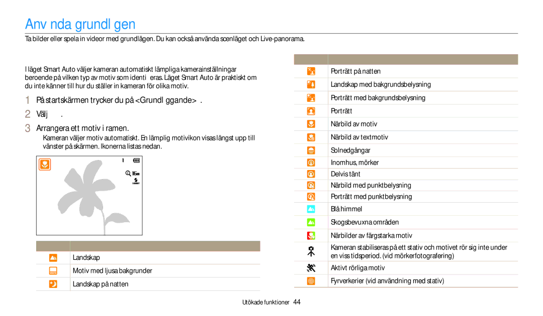 Samsung EC-DV150FBPPE2, EC-DV150FBPWE2, EC-DV150FBPBE2 manual Använda grundlägen, Använda läget Smart Auto 