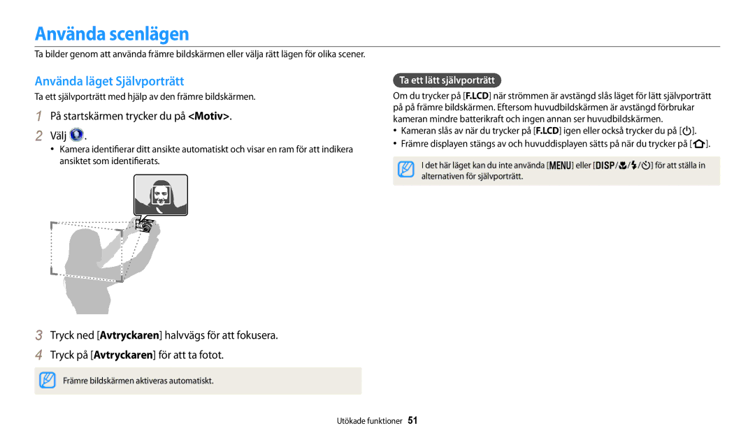 Samsung EC-DV150FBPWE2 manual Använda scenlägen, Använda läget Självporträtt, På startskärmen trycker du på Motiv Välj 