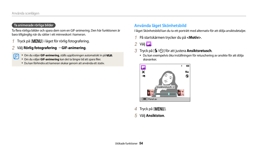 Samsung EC-DV150FBPWE2 manual Använda läget Skönhetsbild, Tryck på m i läget för rörlig fotografering, Välj Ansiktston 