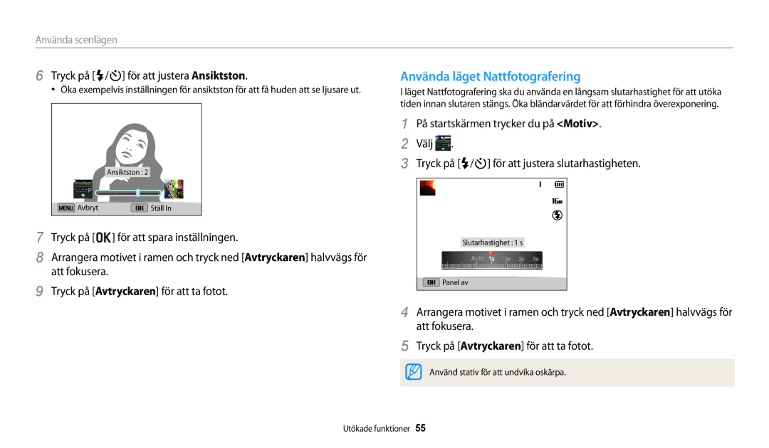 Samsung EC-DV150FBPBE2, EC-DV150FBPPE2 manual Använda läget Nattfotografering, Tryck på F/t för att justera Ansiktston 