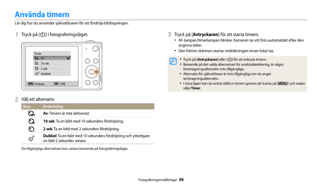 Samsung EC-DV150FBPWE2 manual Använda timern, Tryck på t i fotograferingsläget, Tryck på Avtryckaren för att starta timern 