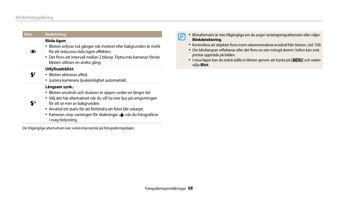 Samsung EC-DV150FBPPE2, EC-DV150FBPWE2, EC-DV150FBPBE2 manual Röda ögon, Utfyllnadsblixt, Långsam synk 