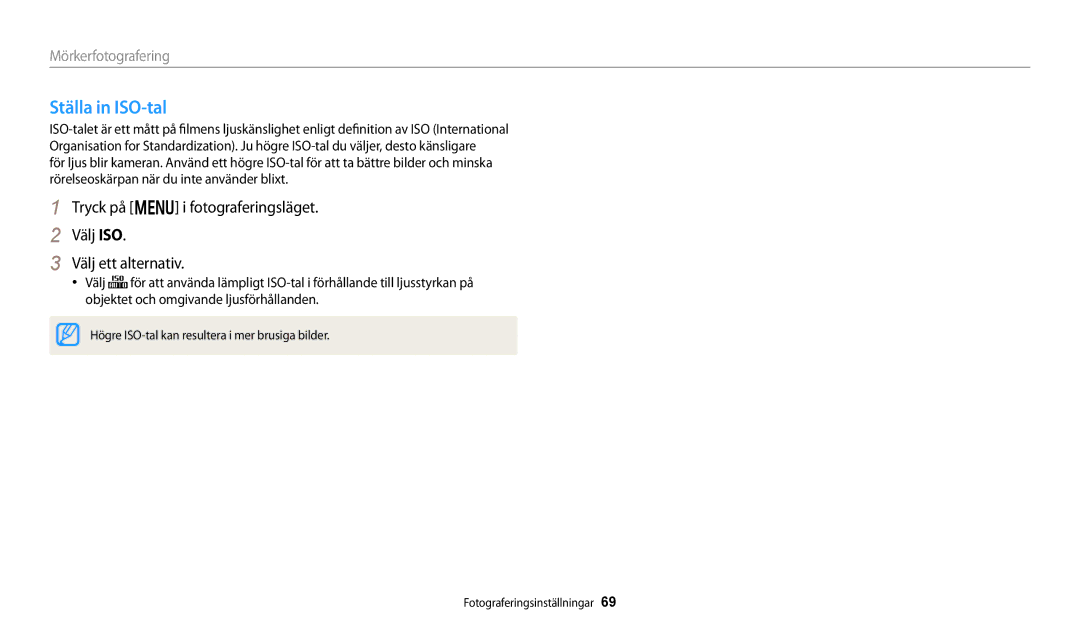 Samsung EC-DV150FBPWE2, EC-DV150FBPPE2, EC-DV150FBPBE2 manual Ställa in ISO-tal 