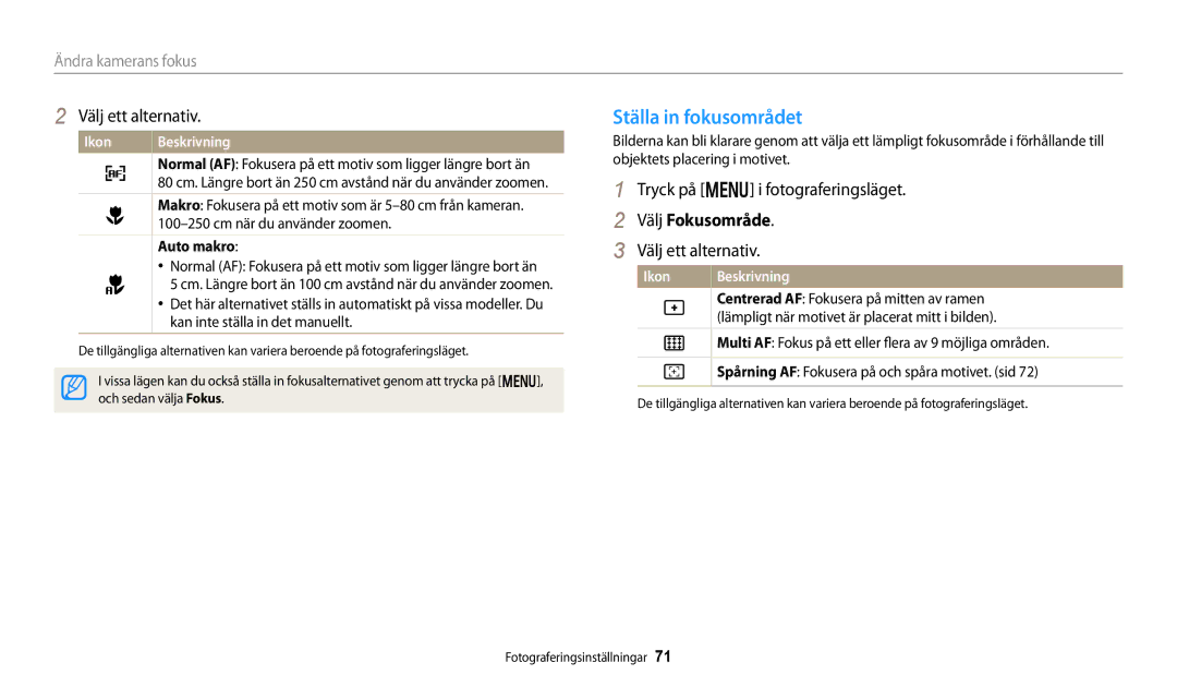 Samsung EC-DV150FBPPE2, EC-DV150FBPWE2, EC-DV150FBPBE2 manual Ställa in fokusområdet, Välj Fokusområde, Auto makro 