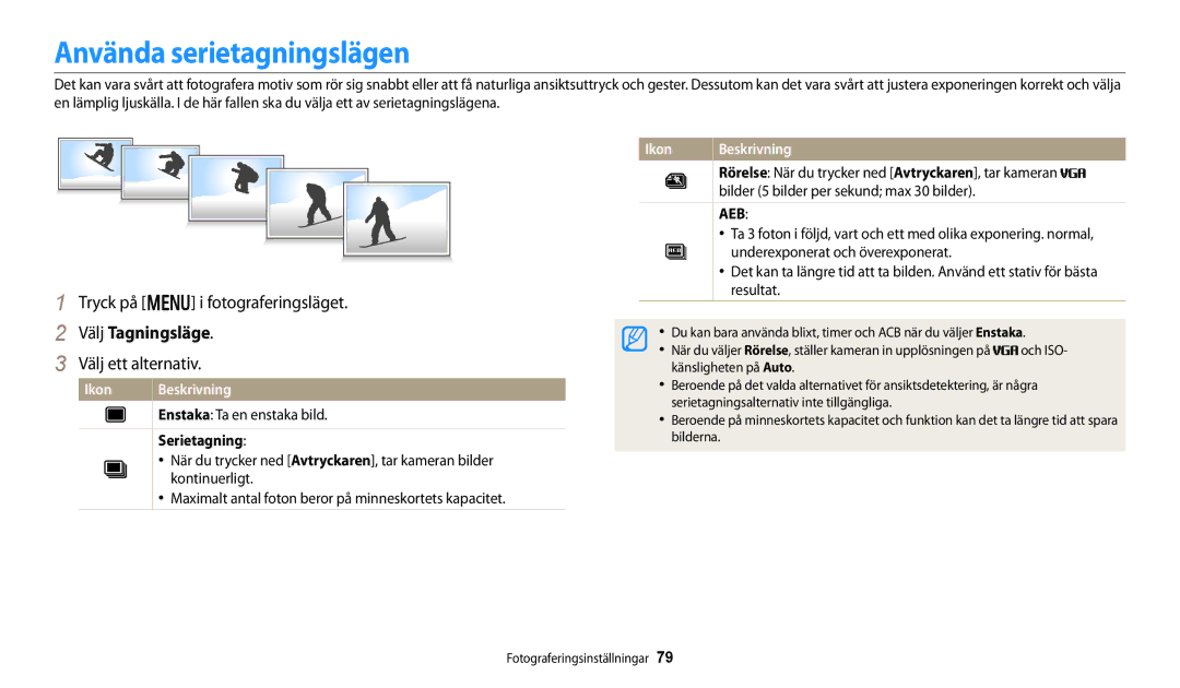 Samsung EC-DV150FBPBE2, EC-DV150FBPPE2, EC-DV150FBPWE2 manual Använda serietagningslägen, Välj Tagningsläge, Serietagning 