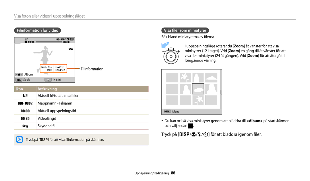 Samsung EC-DV150FBPPE2 Tryck på D/c/F/t för att bläddra igenom filer, Filinformation för video, Visa filer som miniatyrer 