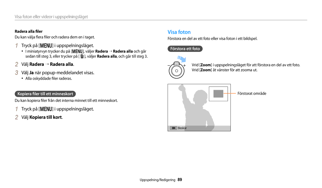 Samsung EC-DV150FBPPE2 manual Visa foton, Tryck på m i uppspelningsläget, Välj Radera → Radera alla, Välj Kopiera till kort 