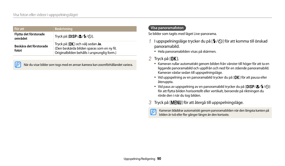 Samsung EC-DV150FBPWE2 manual Tryck på m för att återgå till uppspelningsläge, Visa panoramafoton, För att Beskrivning 