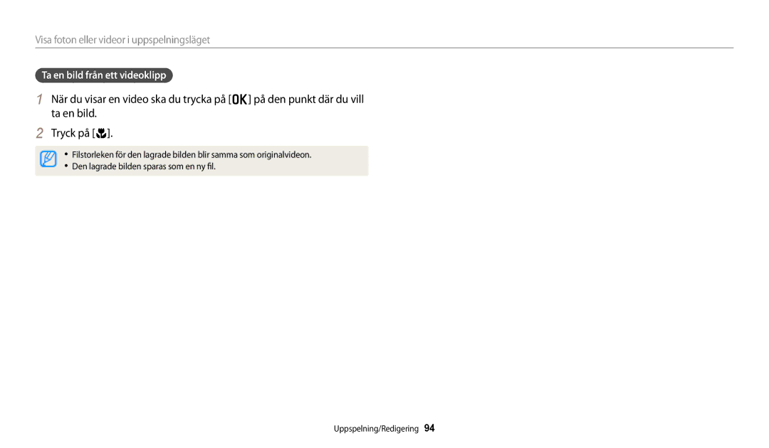 Samsung EC-DV150FBPBE2, EC-DV150FBPPE2, EC-DV150FBPWE2 manual Ta en bild från ett videoklipp 