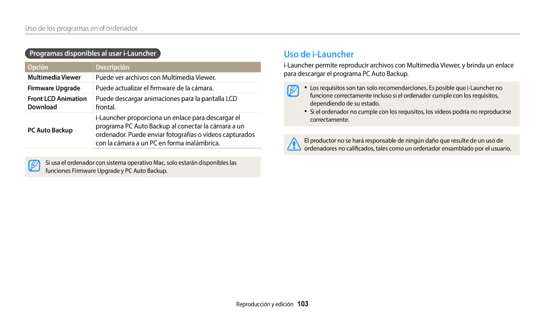 Samsung EC-DV150FBPBE1, EC-DV150FBPWE1, EC-DV150FBPEIL manual Uso de i-Launcher, Programas disponibles al usar i-Launcher 